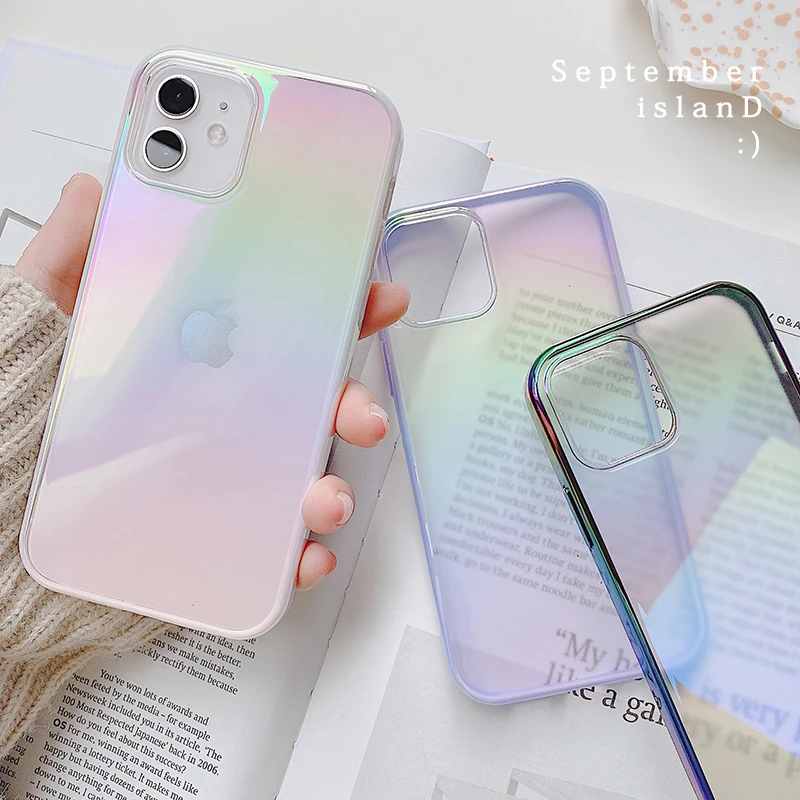 Luxury Square Glossy Electroplating transparent laser rainbow soft hard Phone Case For iPhone 12 Pro Max 11 MiNi cover