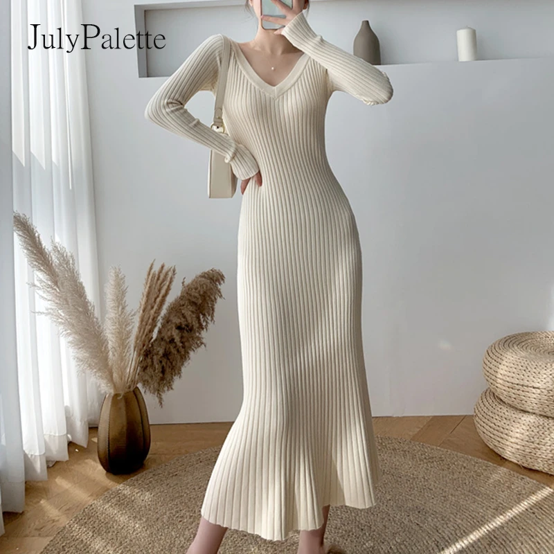 JulyPalette Solid Knitted Dress 2021 Fall Winter V-neck Slim Long Sleeve Dress Elegant Ladies Black Midi-length Sweater Dresses