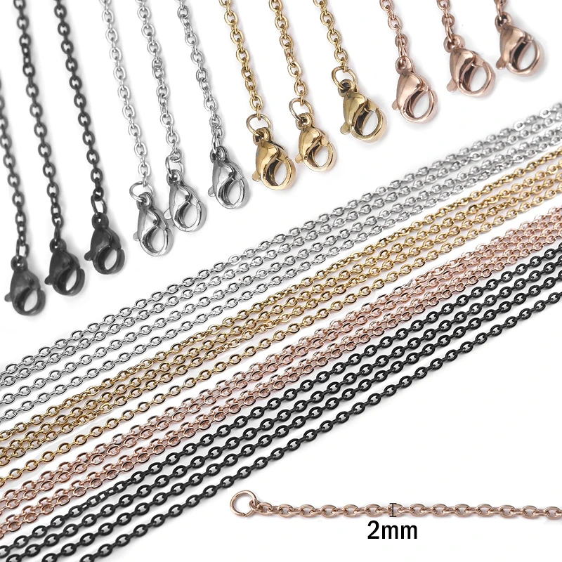 10pcs 50cm Width 2mm Stainless Steel Link Chain Silver Color  Black With Lobster Clasp Cuban Chain Necklaces for Jewelry Making
