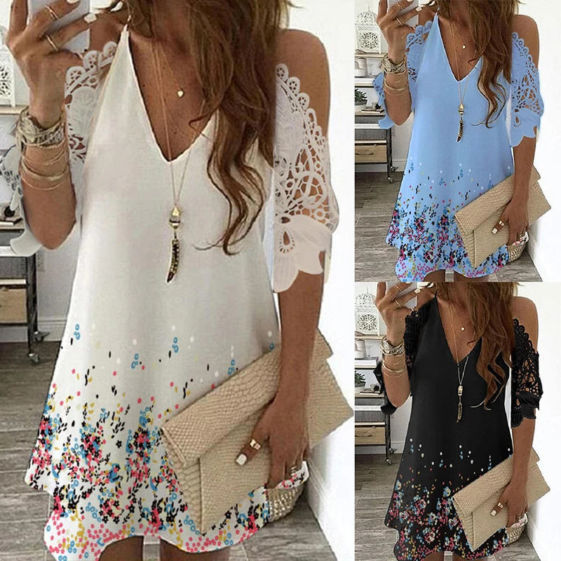 Print Floral Vintage Dress Women Summer Casual V-Neck Beach Sling Dress Off Shoulder Lace Party Dresses Plus Size Robe