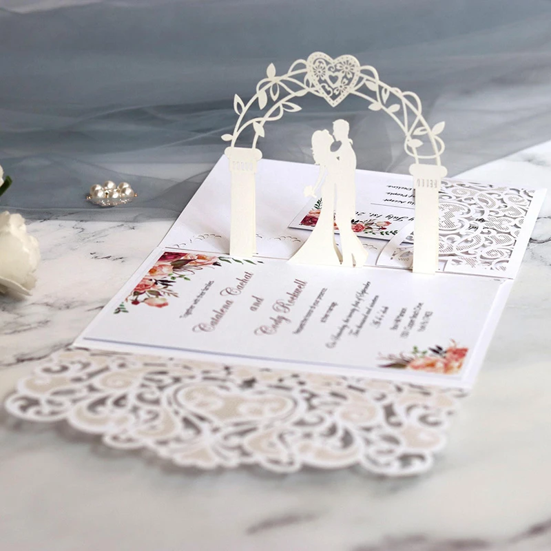 1pc Sample European Laser Cut Wedding Invitations Card 3D Tri-Fold Lace Heart Elegant Greeting Cards Wedding Party Decoration