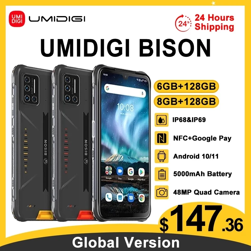 UMIDIGI BISON 6GB/8GB+128GB NFC IP68/IP69K Waterproof Rugged Phone 48MP Quad Camera 6.3