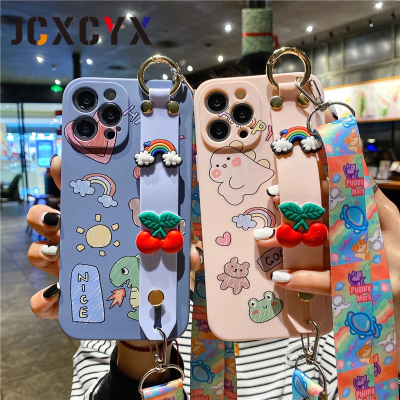 3D Cherry dinosaur astronaut Wrist strap Lanyard Soft case for iphone 12 Pro MiNi X XR XS 11 Pro Max 6S 7 8 plus SE 2020 cover