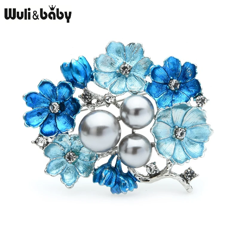 Wuli&baby Big Pearl Blue Enamel Brooches Women Alloy Rhinestone Weddings Banquet Flower Brooch Pins Gifts