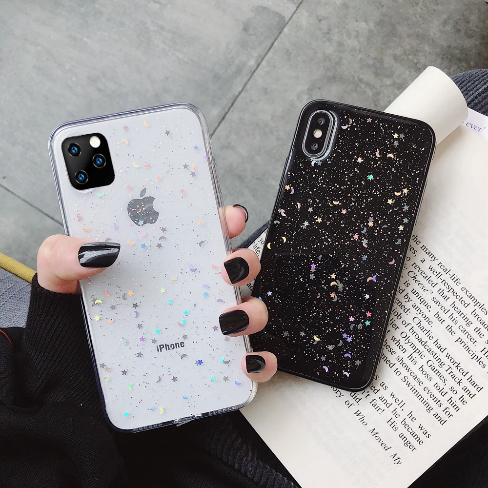 Bling Star Moon Paillet Glitter Soft TPU Phone Case For iphone 13 12 11 PR0 XS Max XR X 8 7 6 6S Plus SE 5 5S Transparent Cover