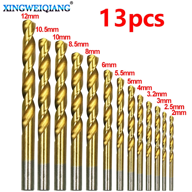 13Pcs Titanium Coated HSS High Speed Steel Drill Bit Set Tool 2mm 2.5mm 3mm 3.2mm 4mm 5mm 5.5mm 6mm 8mm 8.5mm 10mm 10.5mm 12mm
