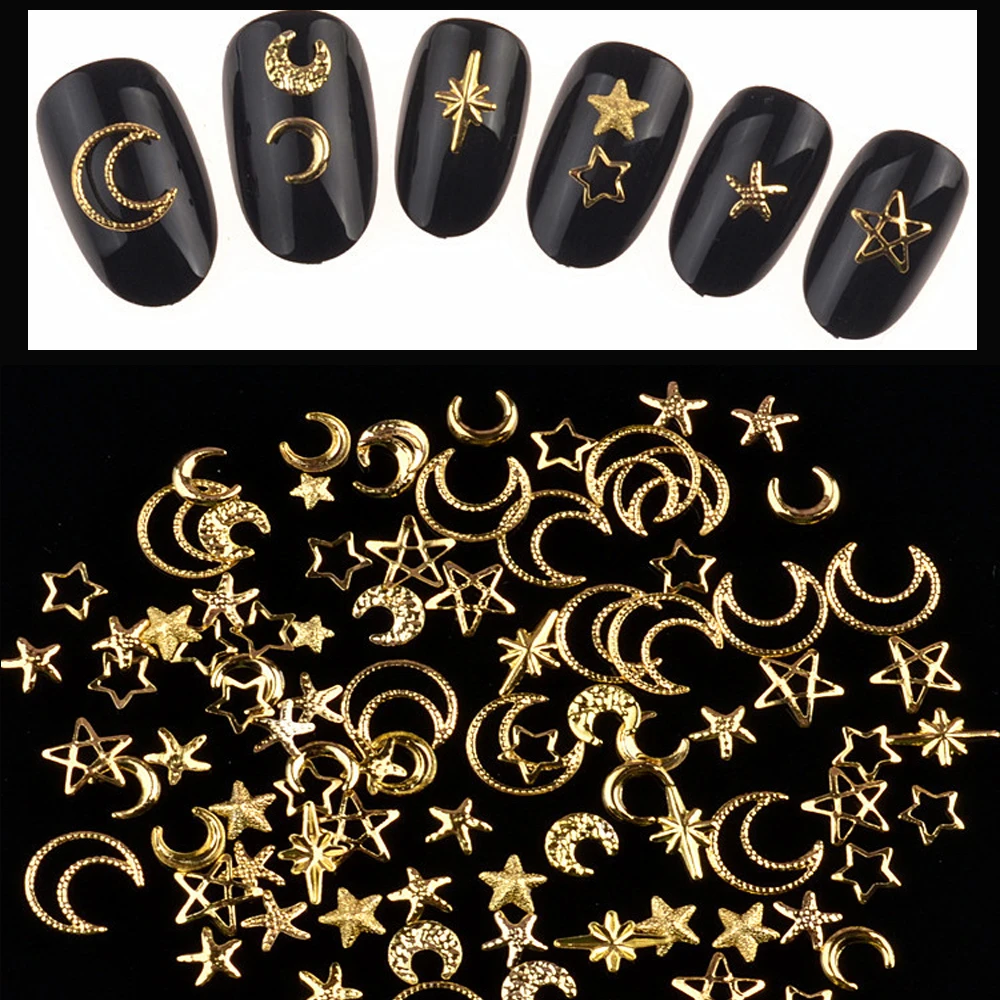 1Box Nail Moon,Stars Metal Chip Decals Charms Snowflakes Golden Rivets Slice Manicure 3D For Nails Tips Design Decorations #H103