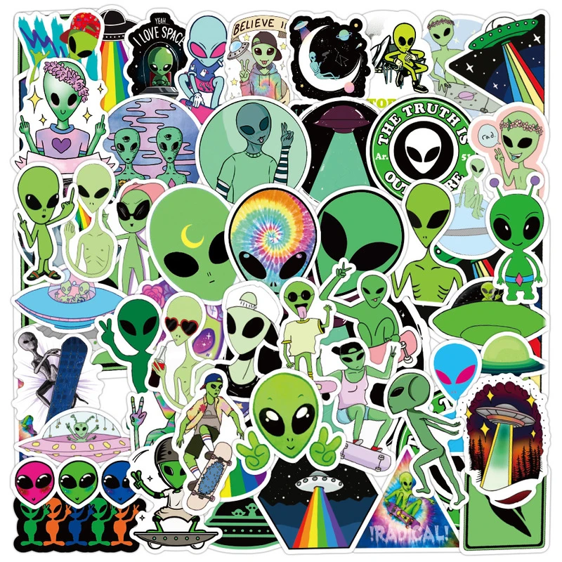 50psc Aliens UFO Cartoon Stickers Skateboard Fridge Phone Guitar Laptop Motorcycle Travel Luggage Classic Toy Decal Stickers