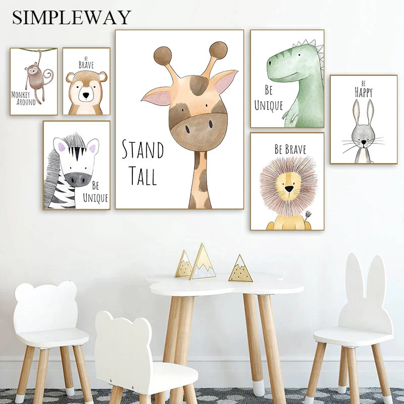 Watercolor Woodland Baby Animal Poster Dinosaur Lion Poster Nursery Wall Art Canvas Painting Nordic Kid Room Decoration Picture