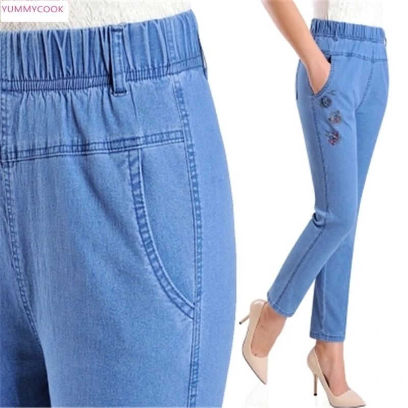 Middle-aged and old stretch high waist nine points jeans female summer large size thin section straight mother casual pants A101