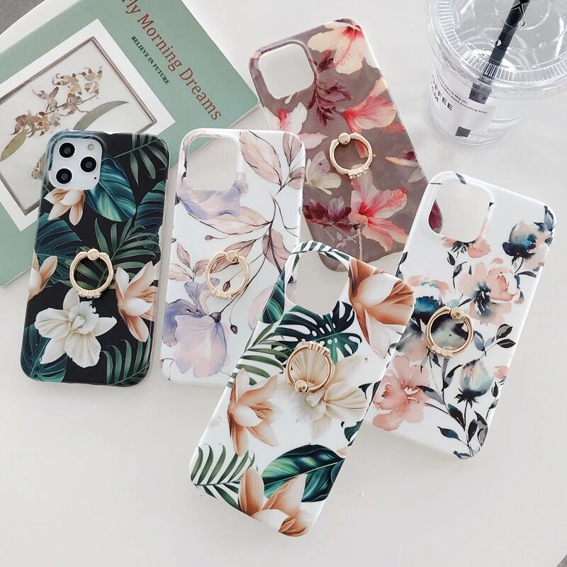 Luxury flower Soft Silicone Ring Holder Phone Case For iphone 12 13 11 Pro XS MAX X XR SE2020 7 8 Plus Shockproof Cover capa