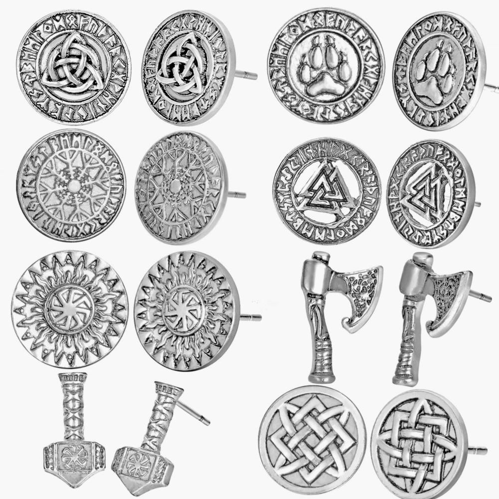 Viking Runes Earings Valknut Trinity Symbols Slavic Kolovrat Star Of Russia Hammer Axe Ear Studs Earings For Women Men