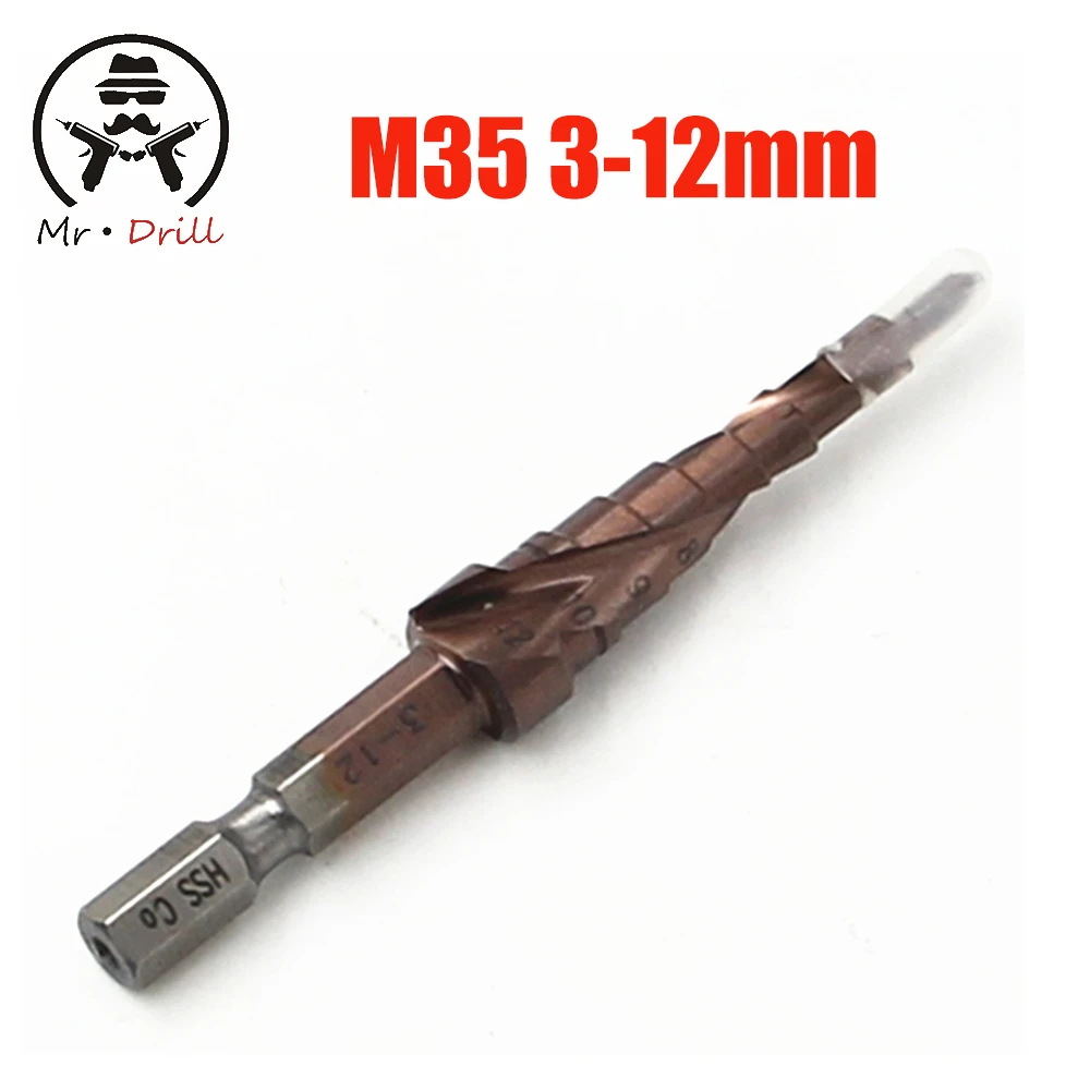 M35 HSS-CO Step Drill Bits 3-12mm Metalworking Spiral Groove 1/4'' Hex Shank Stainless Steel Tapping Cobalt Plating