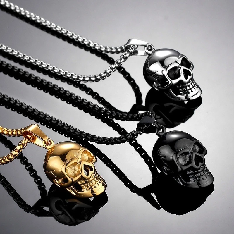 Punk Stainless Steel Skull Chain Pendant Necklace Vintage Gold Color Black Hip Hop Statement Necklaces for Men Male Boho Jewelry
