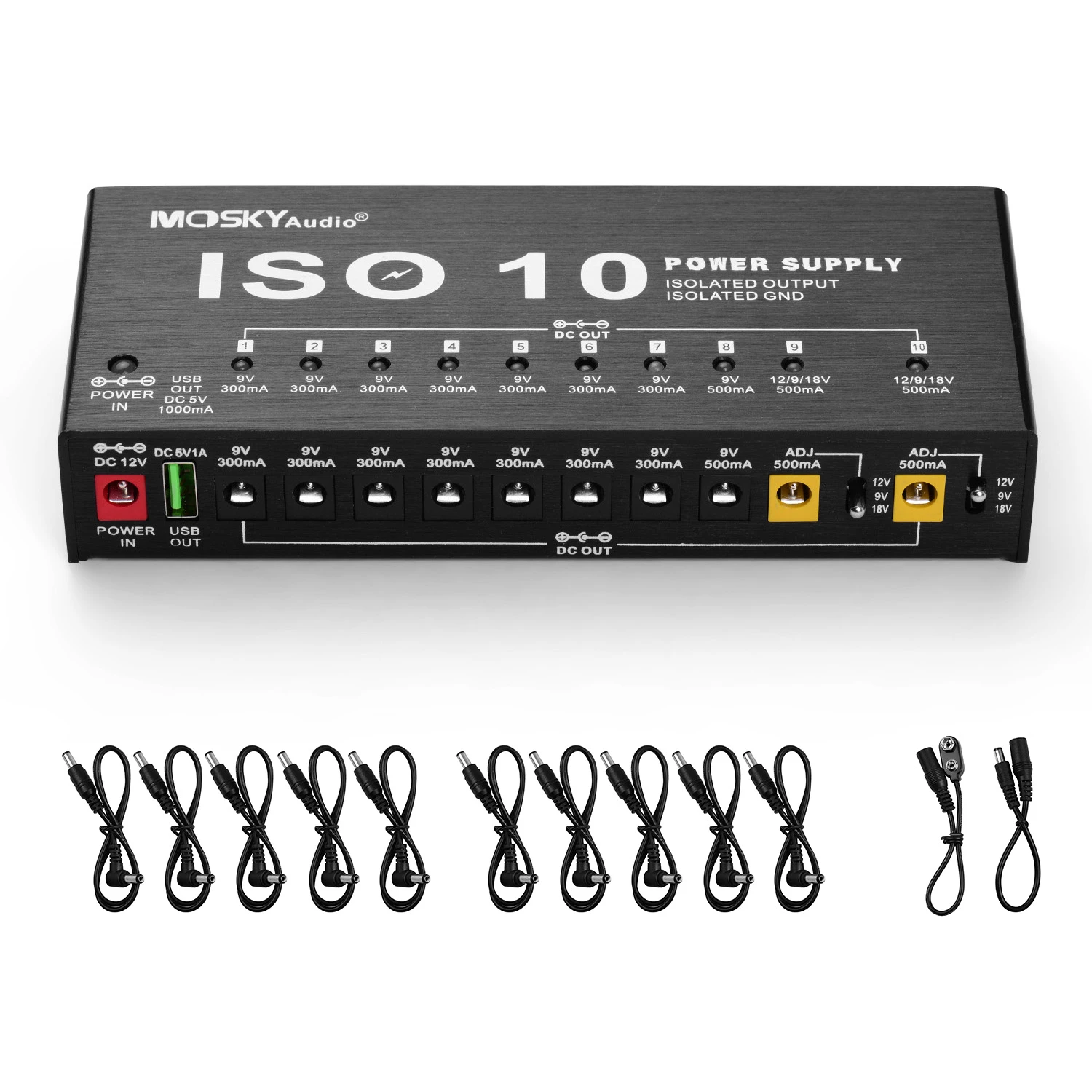 ISO-10 Portable Guitar Effect Power Supply Station 10 Isolated DC Outputs & One 5V USB Output for 9V 12V 18V Guitar Effects