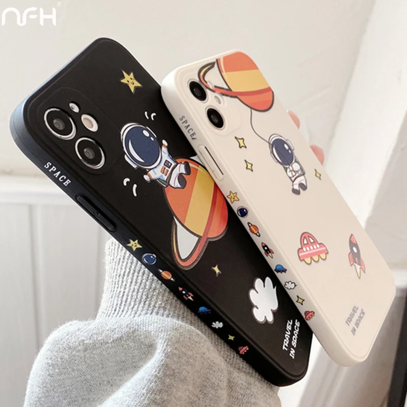 Cute Astronaut Cartoon Silicone Case For iPhone 12 Mini 11 Pro X XR XS Max Space Rocket Bumper On SE2 7 8 Plus Protection Covers