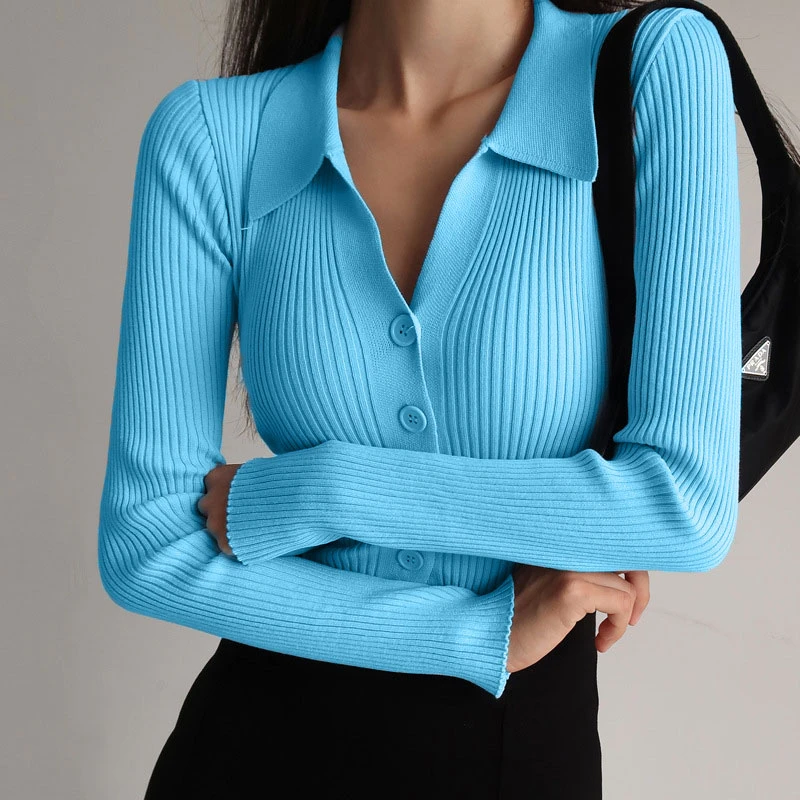 Women 2021 New Lapel Slim Slimming Tops Ladies Hollow Buttons Sexy V Neck Long Sleeve POLO Neck Knit Cardigan Sweater Women