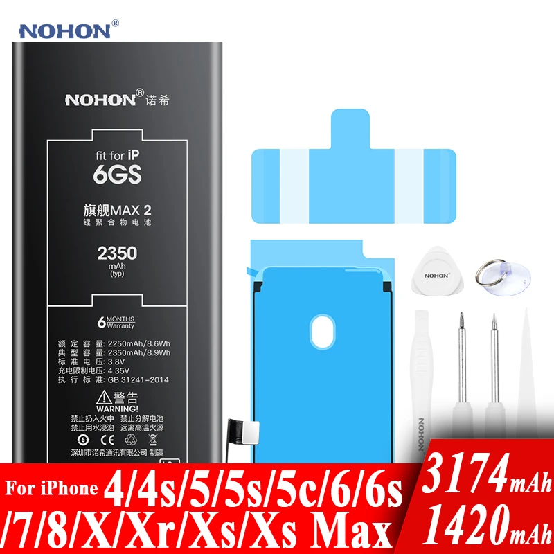 Nohon Battery For Apple iPhone 6S 6 5s 7 8 X Xr Xs Max 4 4s Real Capacity Batteries+Tools For iPhone 6S 6 5s 7 8 X Xr XsMax 4 4s