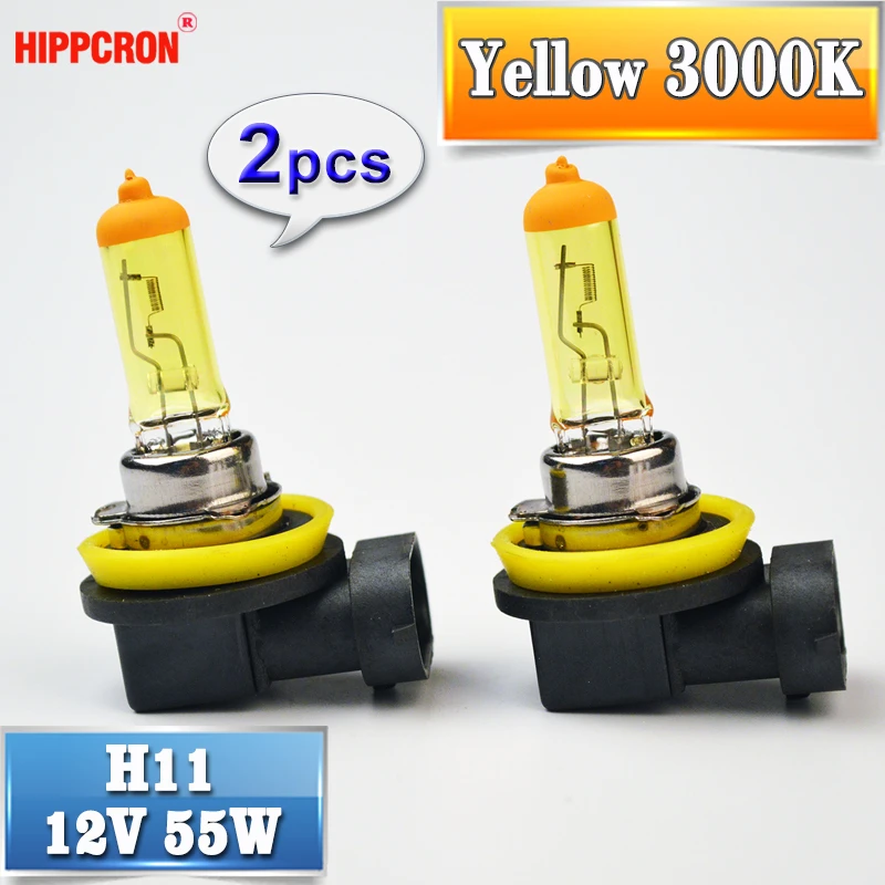Hippcron H11 Halogen Bulbs Yellow 2PCS 12V 55W 3000K Quartz Glass Auto Lamps PGJ19-2 Car Fog Light