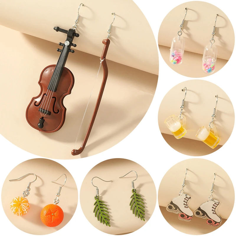 Creative Fun Cute Pendant Drop Earrings Women Girls 2021 New Trendy Acrylic Leaf Fruit Violin Pendant Earrings Jewelry Gift