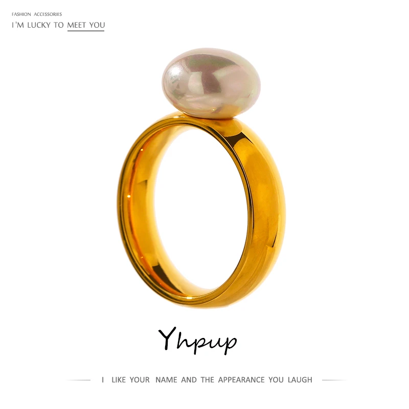 Yhpup Elegant Shell Pearl Ring Fashion Gold Stainless Steel Metal 18 K Geometric Ring Jewelry for Women Engagement Ring 2021