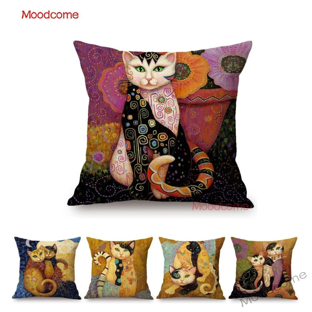 Lovely Cute Cartoon Klimt Style Cat Kitten Home Decoration Throw Pillow Case Gold Animal Art Sofa Decoration Linen Cushion Cover