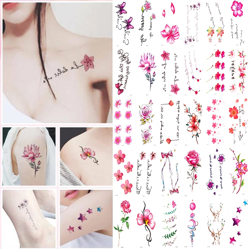 Hot 30Sheet/Lot Temporary Tattoo Sticker Letters Feather Body Art Tattoos Waterproof Flowers Tattoos Sticker Fake Water Transfer