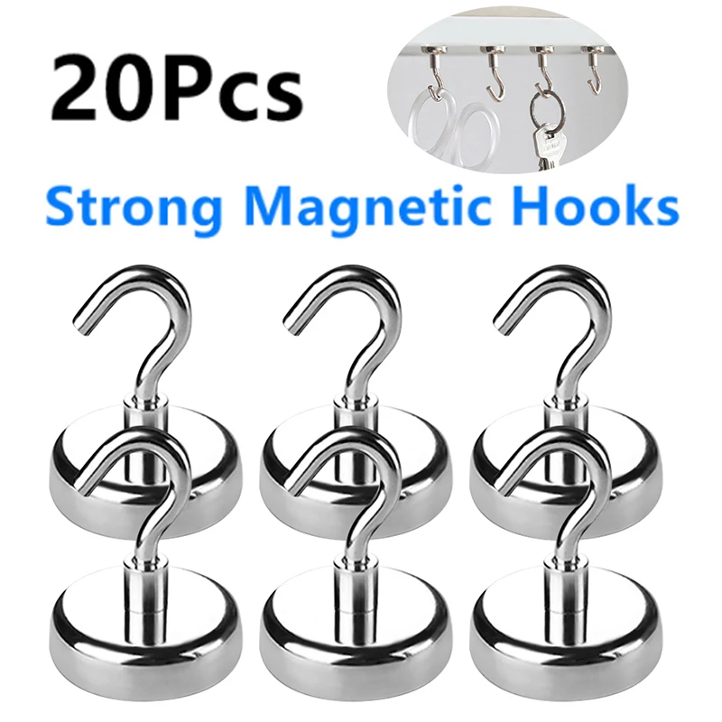 20Pcs Strong Magnetic Hooks Heavy Duty Wall Hooks Hanger Key Coat Cup Hanging Hanger for Home Kitchen Bar Storage Organization