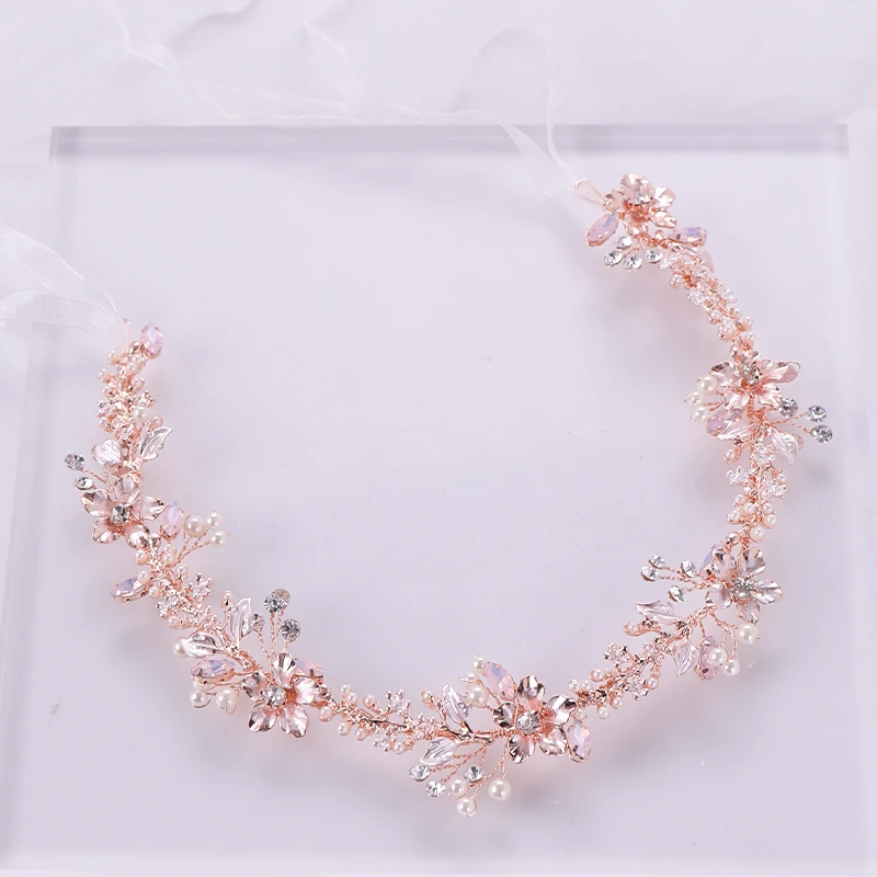 Rose Gold Crystal Pearl Hair Ornaments Headband Flower Bridal  Handmade Tiara Hair Jewelry woman Wedding Headpiece Jewelry Party