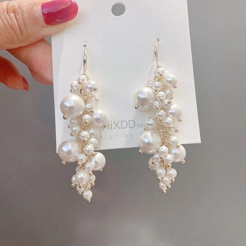 2020 Korean New Manual Beaded Big Small Simulated Pearl Grape Shape Long Drop Dangle Earrings For Women Fashion Ear Accessories