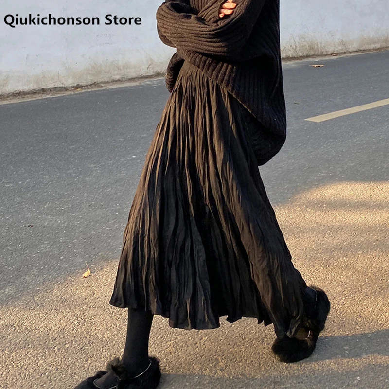 2020 Autumn Winter Wrinkled Black Pleated Skirt Women Korean Style Casual High Waisted A-Line Long Skirts Midi falda plisada