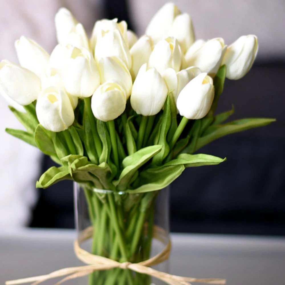 10Pcs Tulip Artificial Flower White PU Real Touch for Home Decoration Fake Tulips Latex Flowers Bouquet Wedding Garden Decor