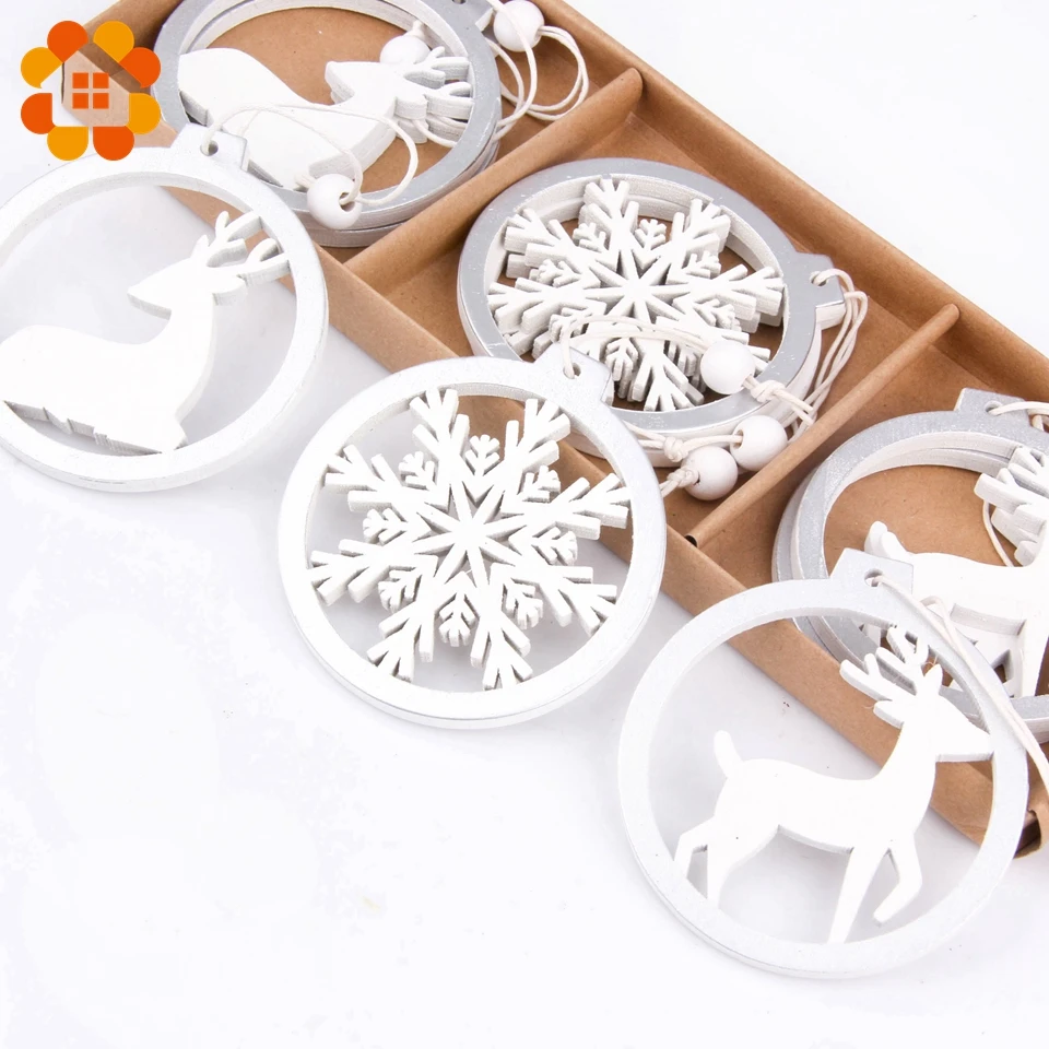3PCS/lot Silver White Deer Snowflake Wooden Christmas Pendants Decorations DIY Wood Crafts XMAS Ornaments Festival Party Decor