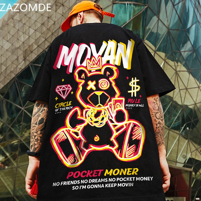 ZAZOMDE 2021 Hip Hop tshirt Harajuku Short Sleeve Loose Men Poker bear T Shirt Casual O-neck Summer Brand Oversized Punk Clothes