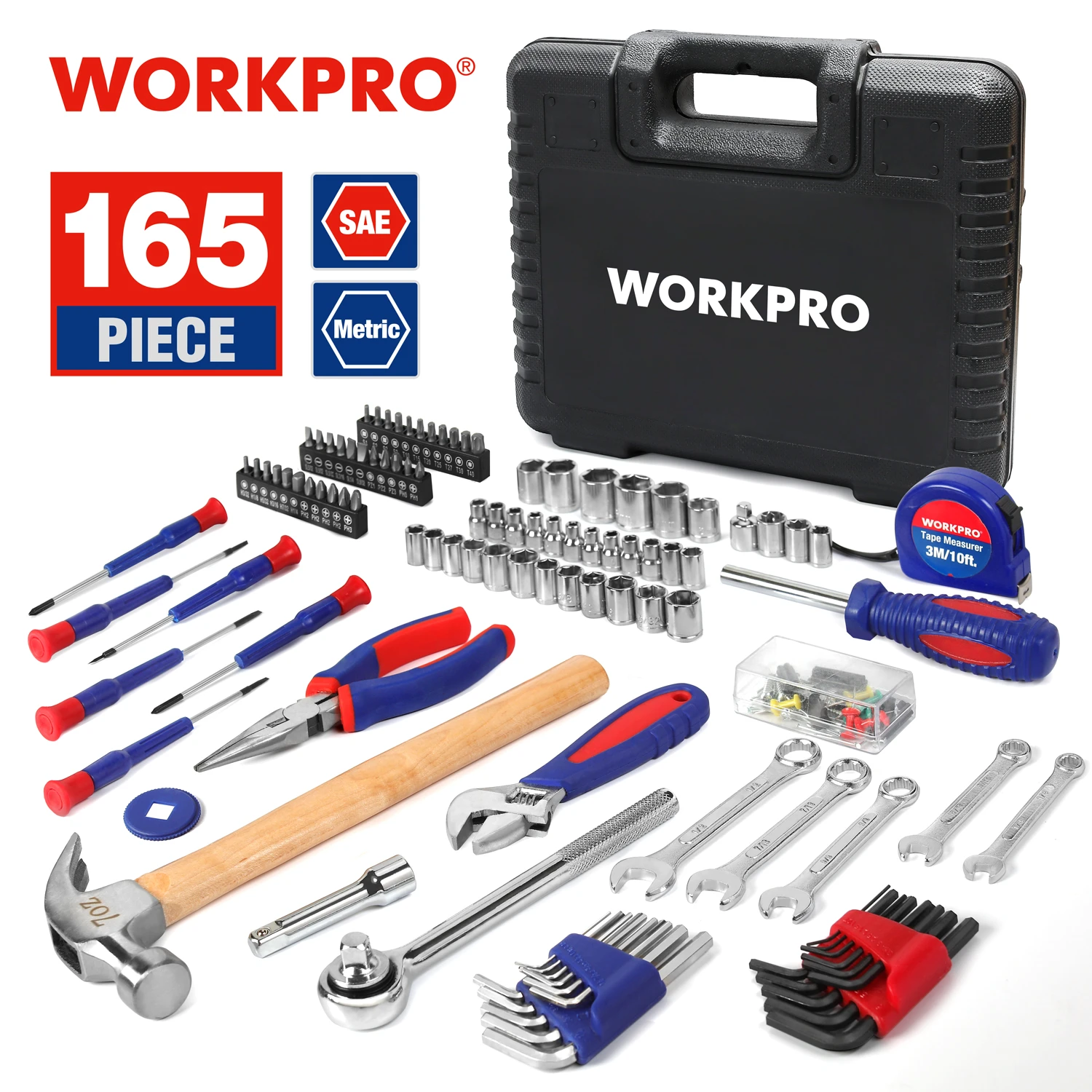 WORKPRO 165PC Home Tool Set Wrench Screwdriver Plier Socket Hand Tool Set For Household Reparing with Solid Carrying Tool Box