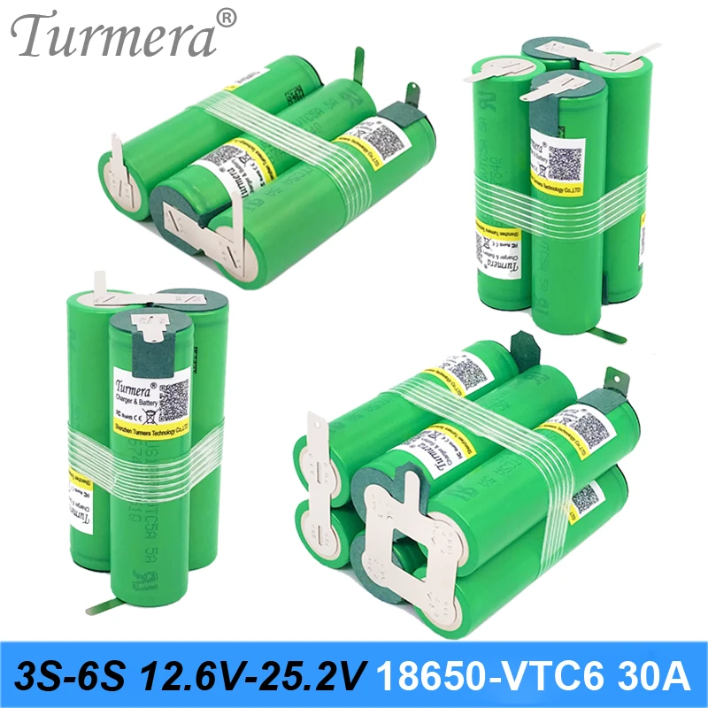Turmera 3S 12.6V 4S 16.8V 5S 21V 6S 25V VTC6 Battery Pack US18650VTC6 3000mah Battery 30A for 18V Screwdriver Battery  Customize
