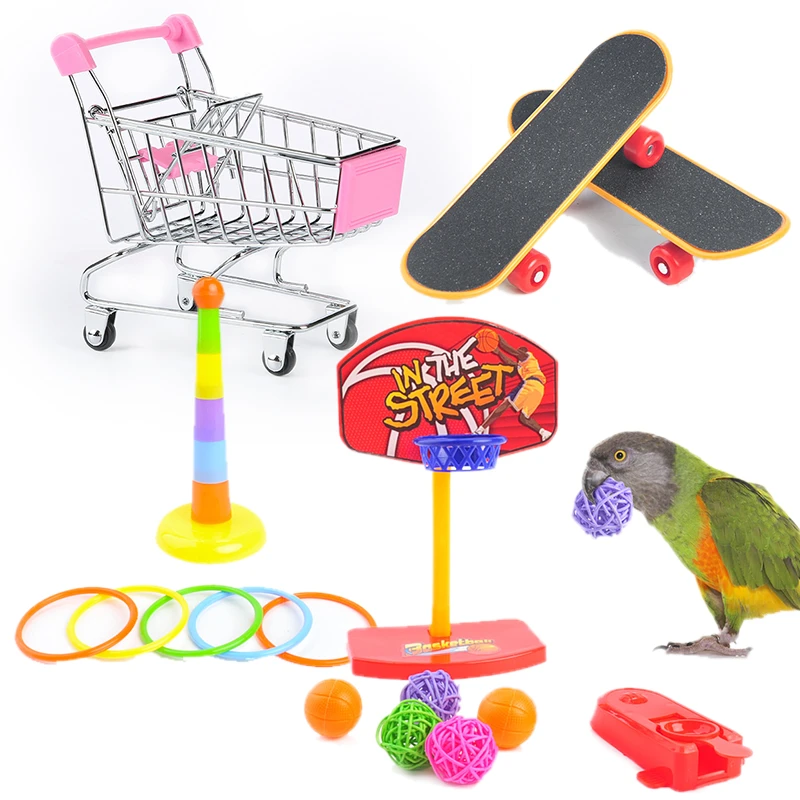 1Set Of Training Pet Bird Toy Set Interactive Parrot Equipment Set Funny Bird Activity Parrot Toy Pet Bird Basketball Skateboard