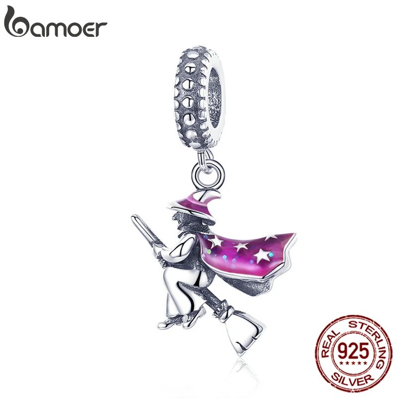 BAMOER Authentic 100% 925 Sterling Silver Magic Witch Pendant Charms fit for Women Bracelets DIY Jewelry Halloween Gift SCC914