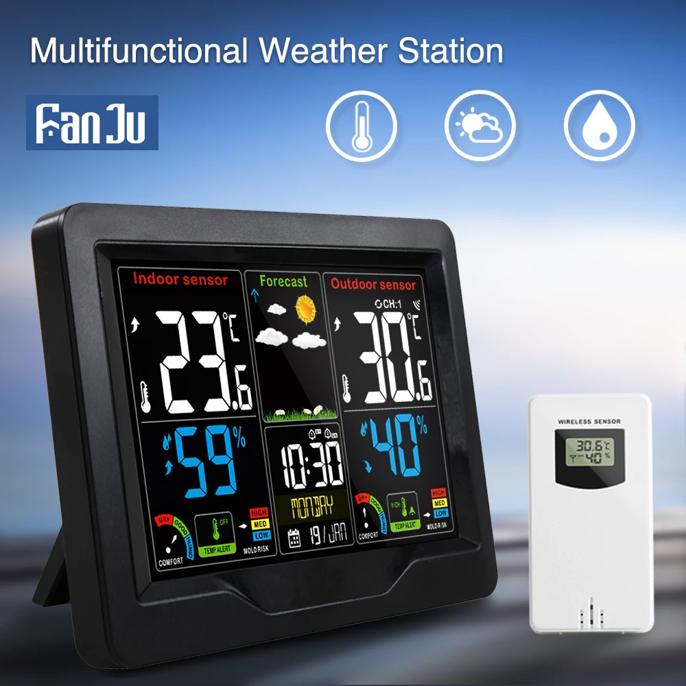 FanJu Digital Outdoor Thermometer Hygrometer Alarm Clock Home Weather Station Wireless Sensor Calendar Comfort Table Desk Watch