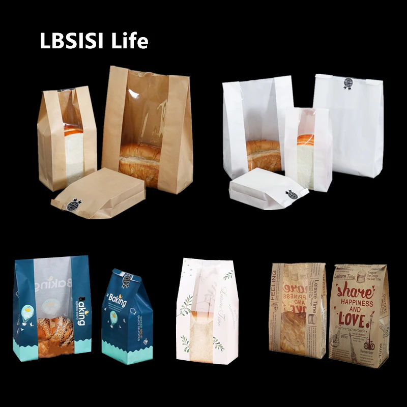 LBSISI Life 10pcs Kraft Paper Bread Clear Avoid Oil Packing Toast With Window Bag Baking Takeaway Food Package Cake Bag Party