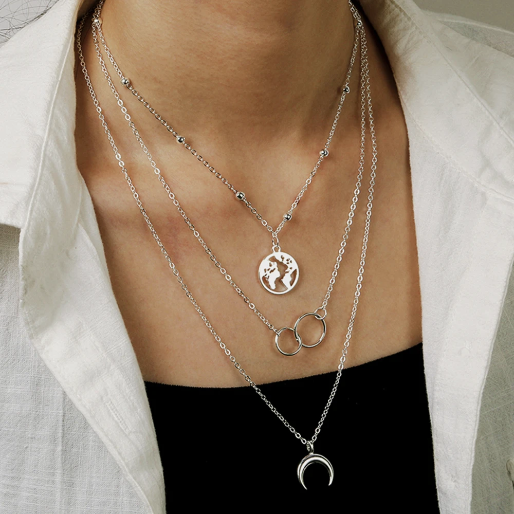 Vintage Silver Color Moon Map Pendant Necklace 2020 Bohemian Circle Geometry Layered Collar Necklace Fashion Women Jewelry