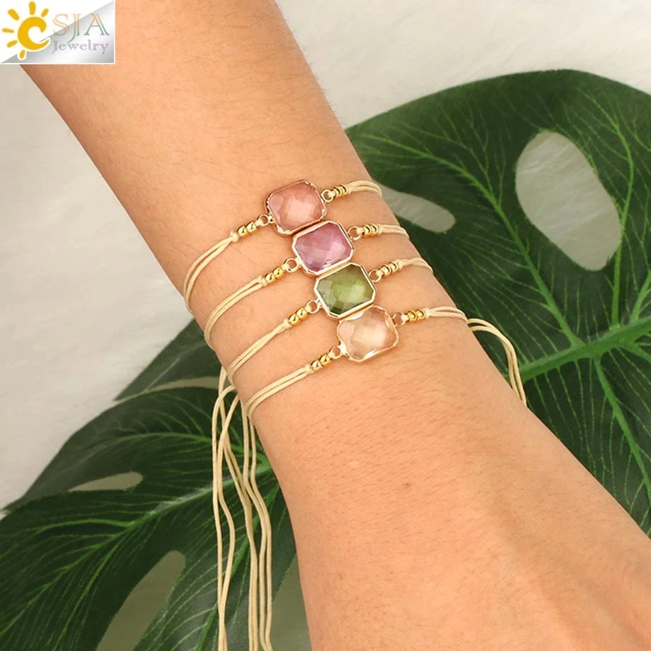 CSJA Braided Rope Chain Bracelets Adjustable Handmade Jewelry for Femme Faceted Crystal Glass Bead Bracelets Pulseras Mujer S500