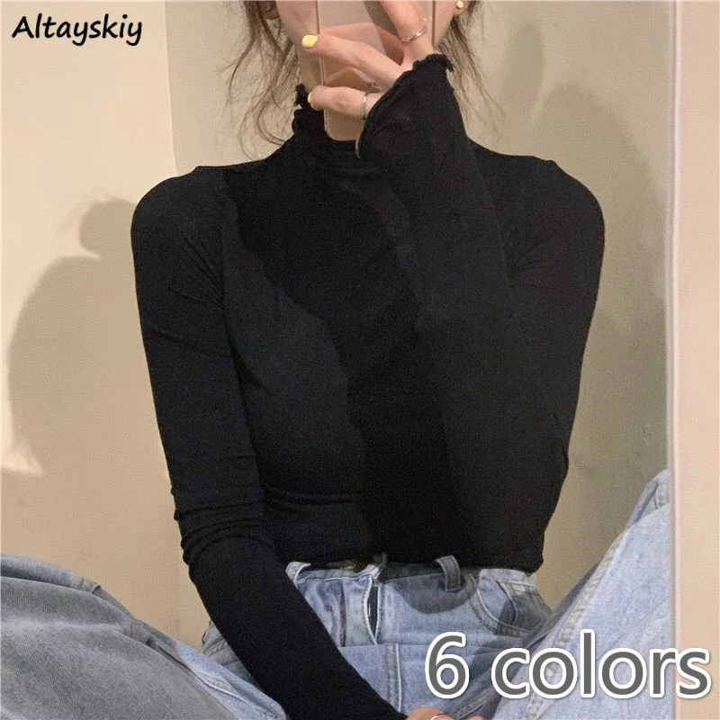 Long Sleeve T-shirts Women Solid Simple Basic All-match Korean Trendy Womens Tops Daily Soft Autumn Popular Ladies Clothing Tee