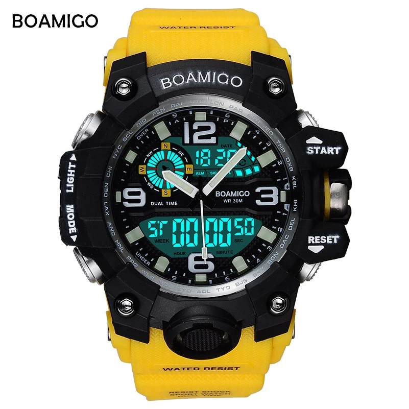 Men Sports Watches BOAMIGO Brand Digital LED Orange Shock Swim Quartz Rubber Wristwatches Waterproof Clock Relogio Masculino