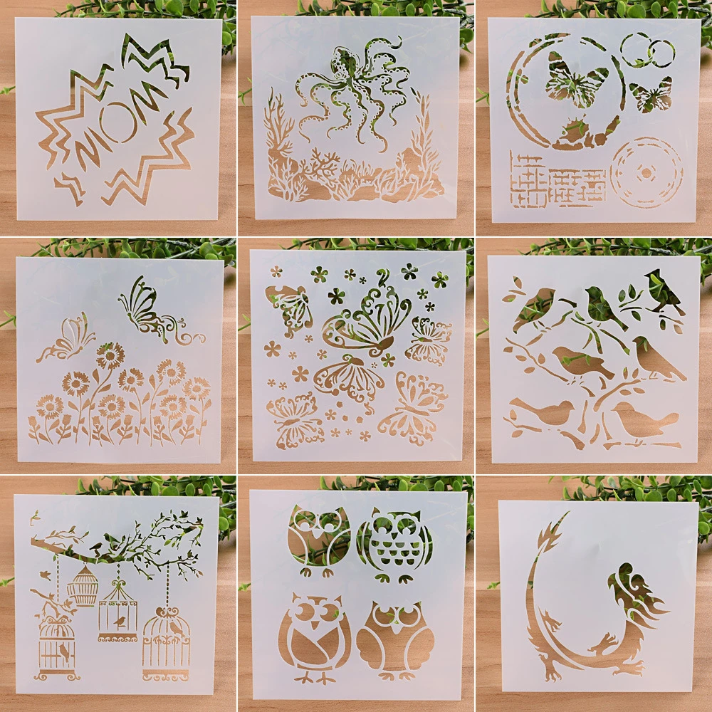 New 9Pcs/set 13cm Animals Owl DIY Craft Layering Stencils Painting Scrapbooking Stamp Embossing Album Decorative Card Template