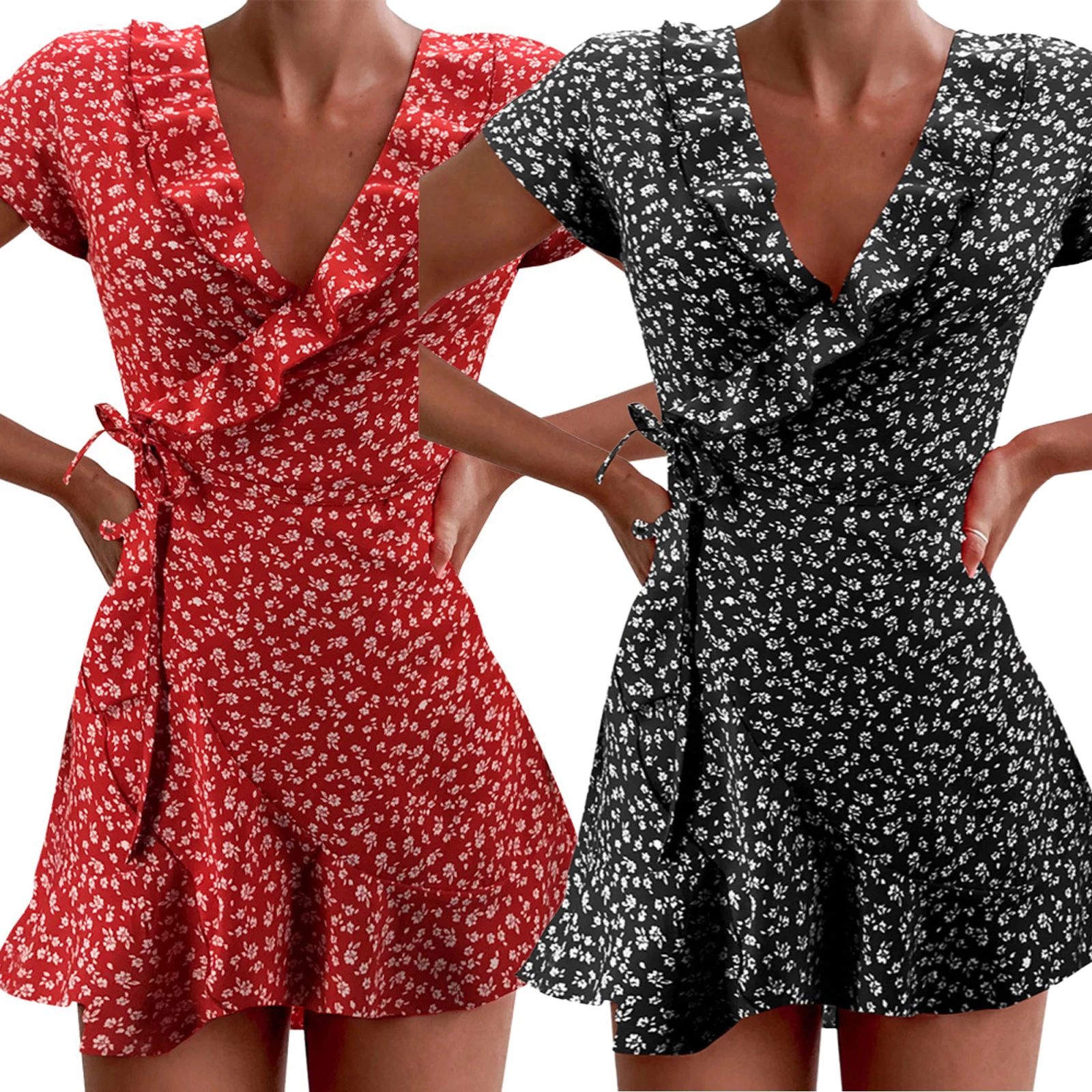 Women’s Short Sleeve Dress Wrap Summer Elegant Floral Ruffles V-neck Bandage Short Dress 2021 Ladies Casual Hoilday Sundress