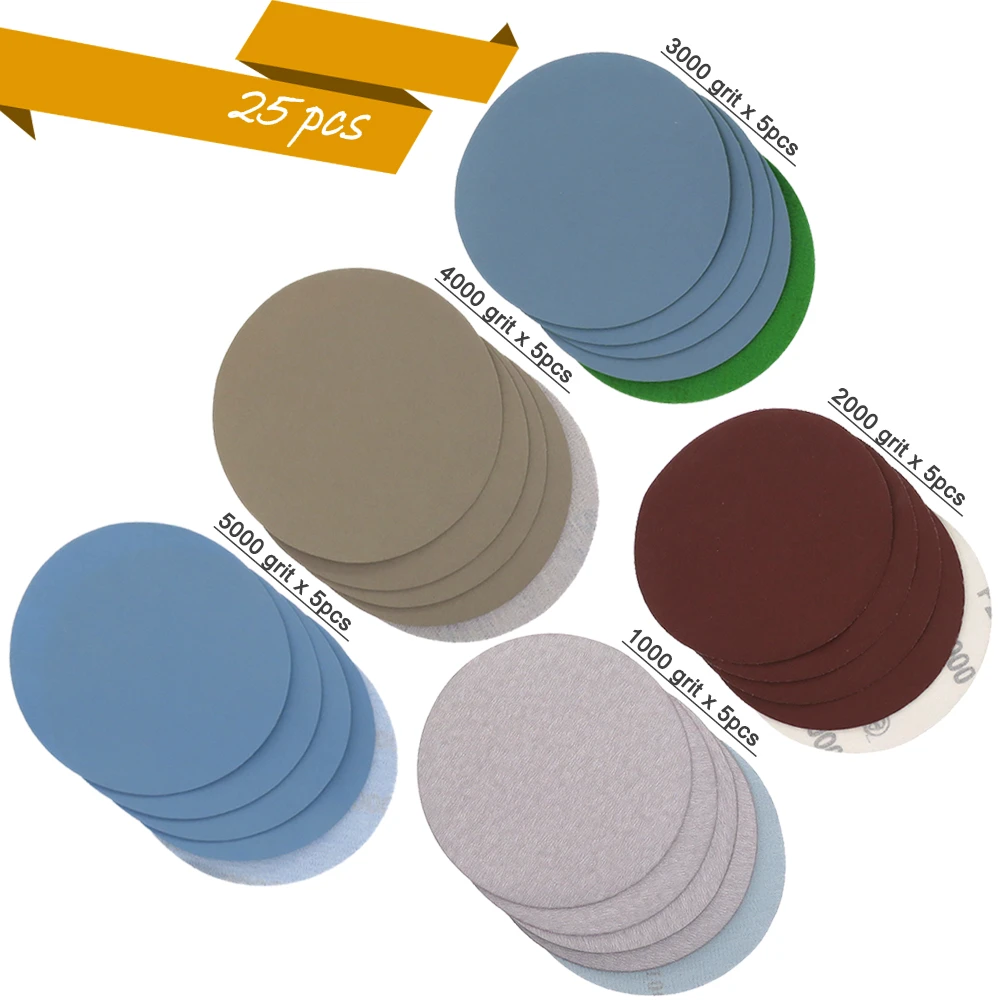 25PCS 1 /2/3/4/5 Inch Assorted Sandpaper Hook and Loop Sanding Disc 1000# /2000# /3000#/4000# 5000#Grits for  Sanding Polishing