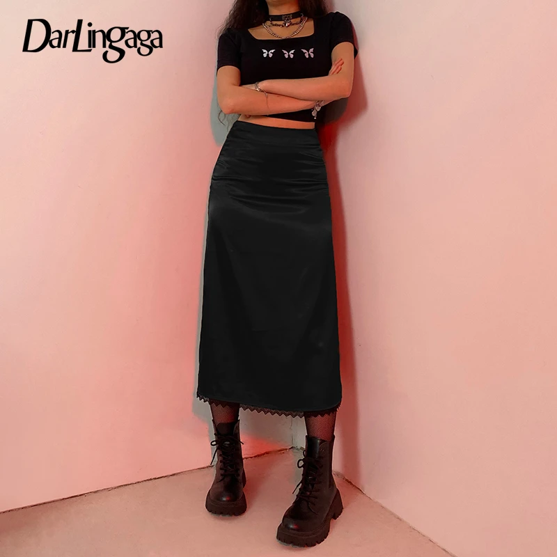 Darlingaga Vintage Y2K Aesthetic High Waist Skirt Lace Patchwork Harajuku Long Skirt Gothic Clothes 90s Straight Woman Skirts