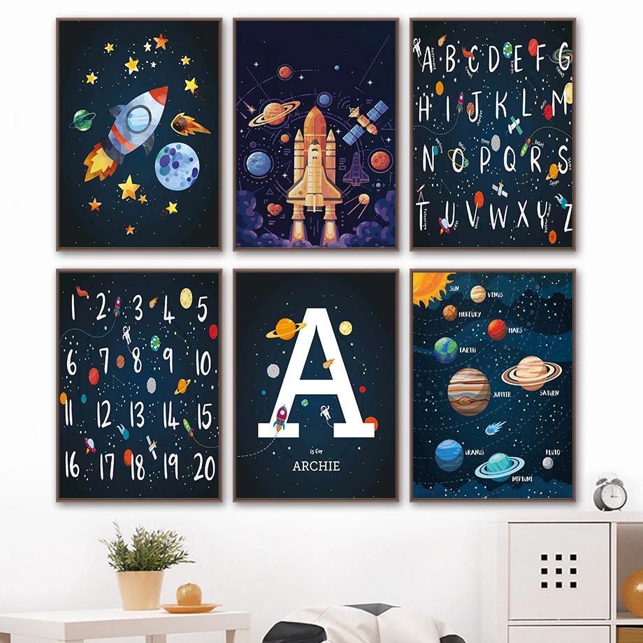 Planets Rocket Spaceship Number Letter Nursery Wall Art Canvas Painting Nordic Posters And Prints Wall Pictures Kids Room Decor