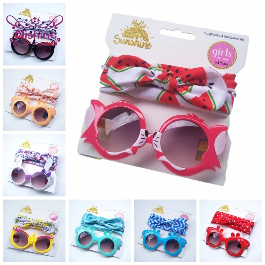 Nishine New 2pcs/lot Children Baby Girls Sunglasses Hair Band Set Anti-UV Cartoon Glasses Knot Bow Headband Photo Props Gifts